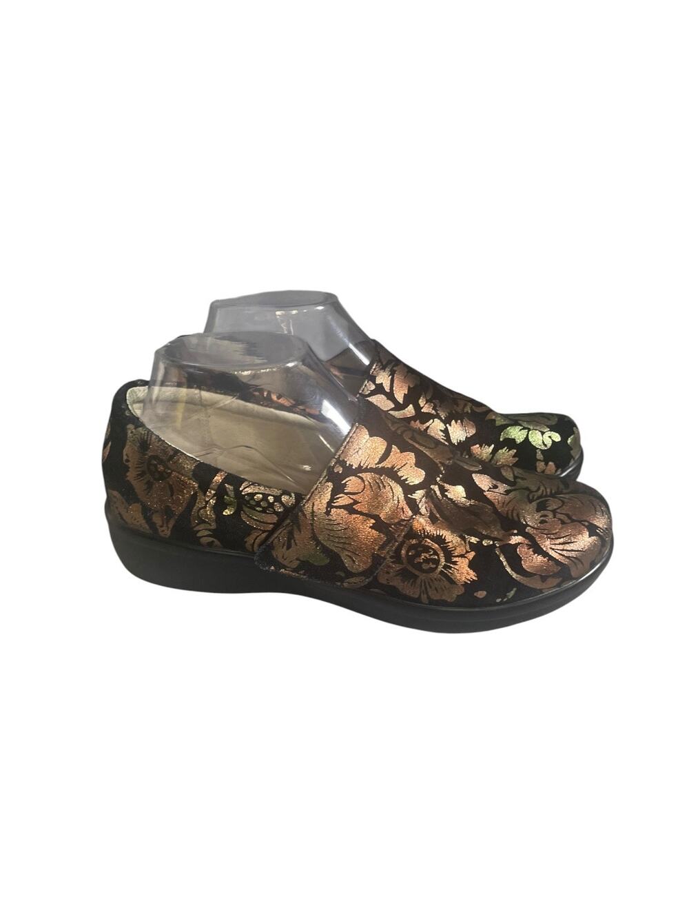 Alegria Women’s Lauryn Black & Rose Gold Floral Metallic Print Clogs Size 38 (8)